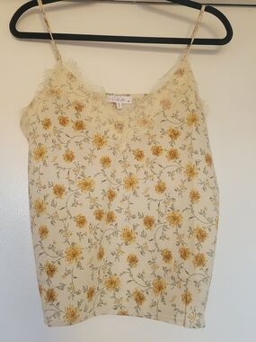 Calista Floral Lace Trim Cami Tank Top Cream Yellow Boho Size Medium